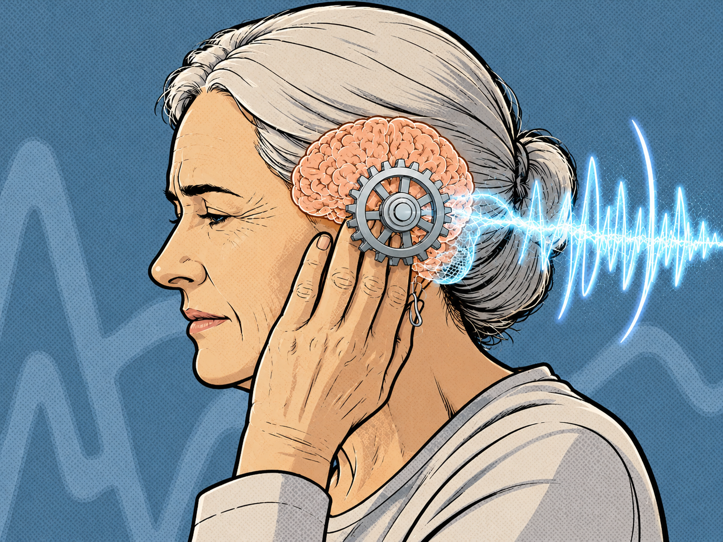 Illustration of ringing signals near the ear and brain