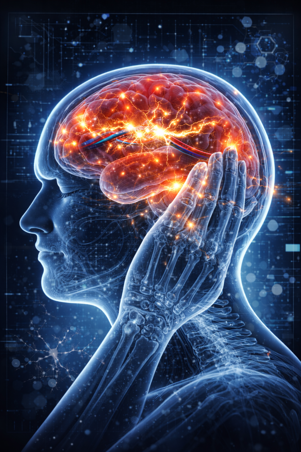 Illustration of neural activity related to tinnitus near the brain and inner ear